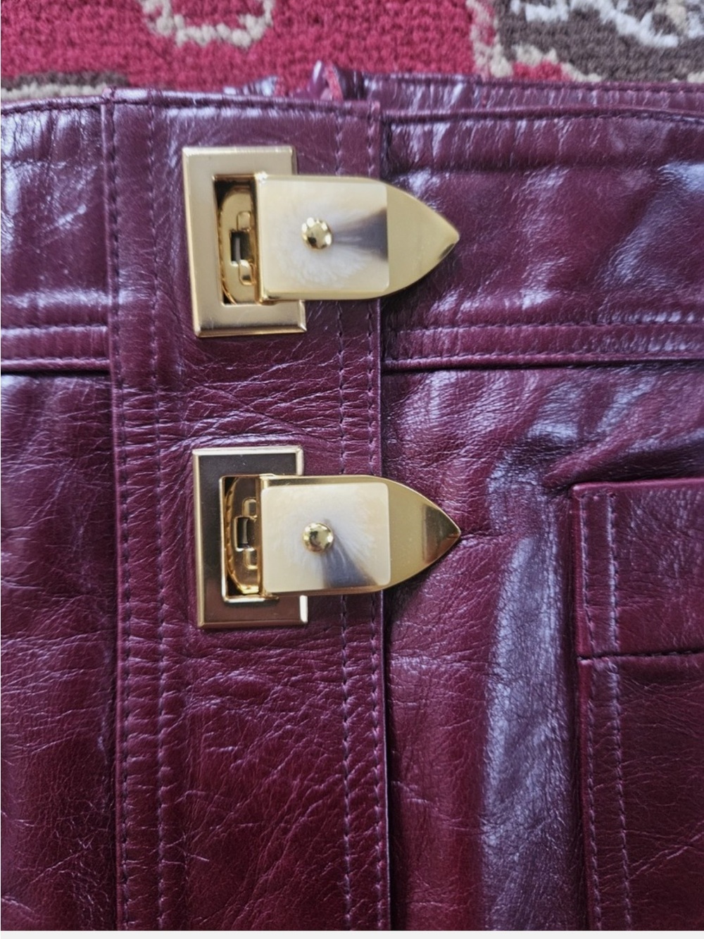 Tory Burch Bianca Burgundy Leather A-Line Skirt with Gold Buckle Front - Picture 2 of 6
